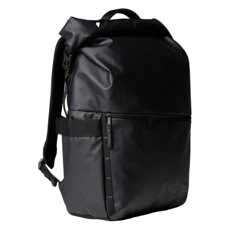 The North Face Base Camp Voyager Roll Top Backpack 25L front view showing roll-top closure and water-resistant fabric