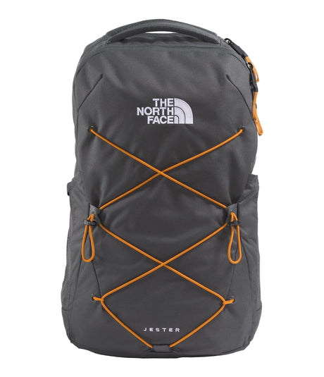 The North Face Jester Backpack 28L in Anthracite Grey - front view with recycled polyester construction and bungee system