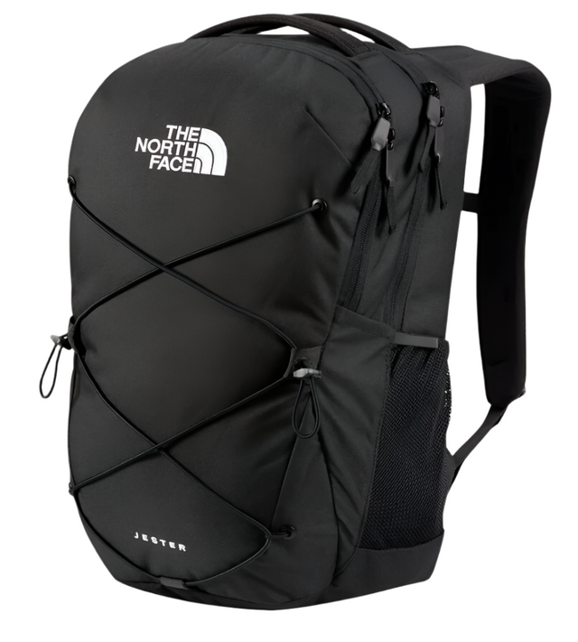 The North Face Jester Backpack 28L in Black - front view showing FlexVent suspension system and bungee storage