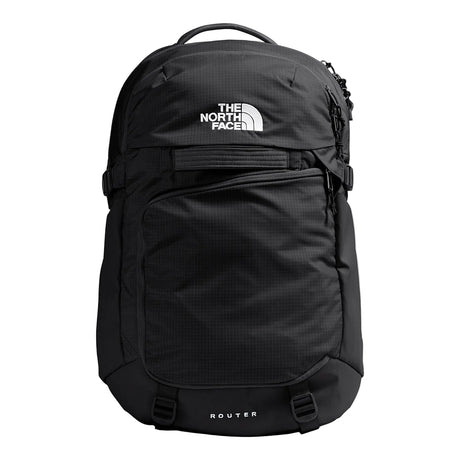 The North Face Router Backpack 40L in black showing front compartments and FlexVent suspension system