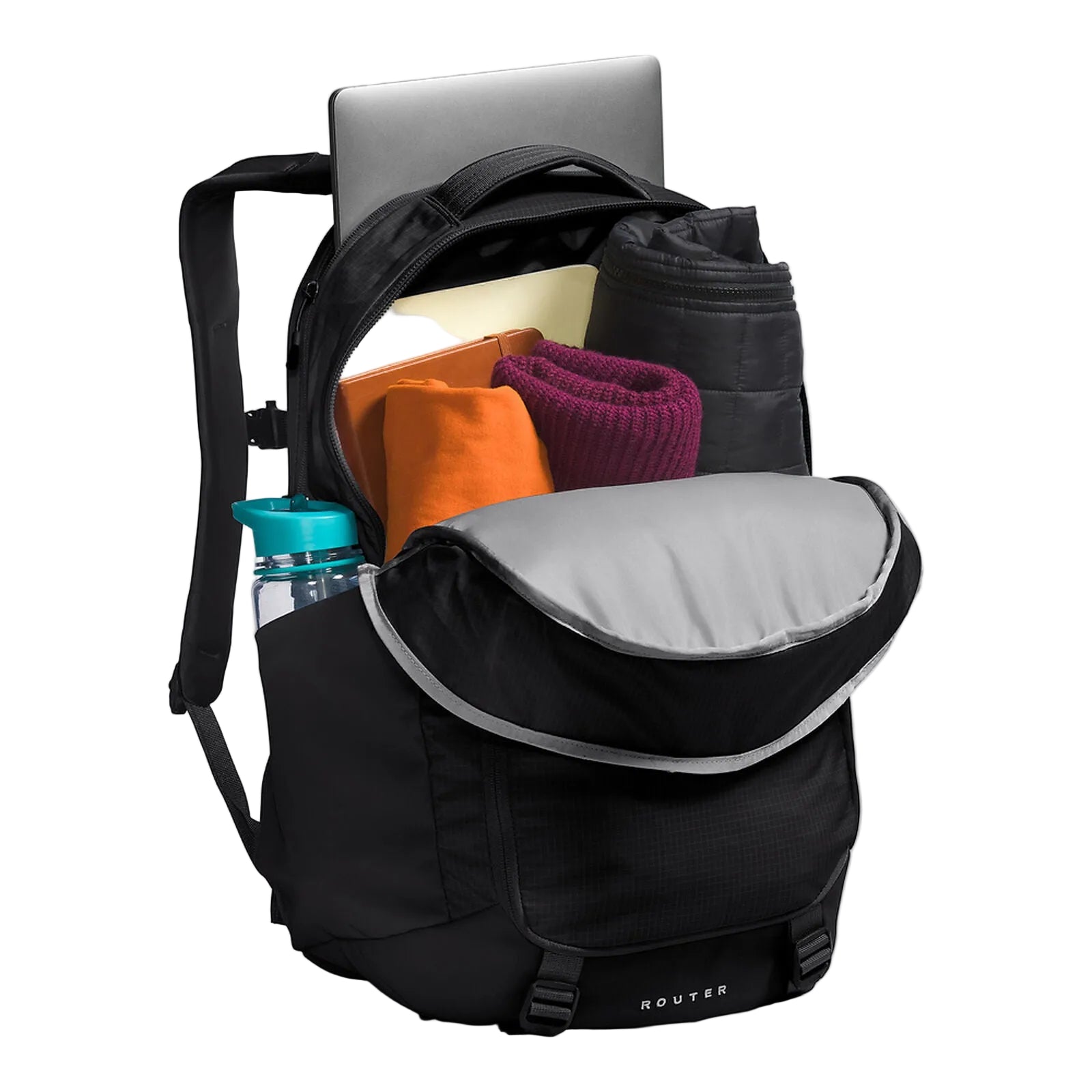 Interior view of The North Face Router Backpack showing 17-inch laptop compartment and organisation pockets