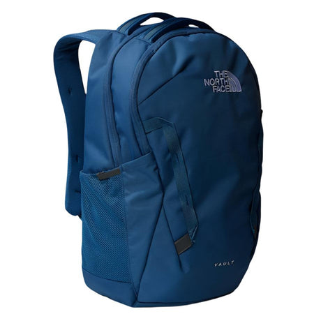 The North Face Vault Backpack in Shady Blue/White - front view showing FlexVent suspension system and dual webbing handles
