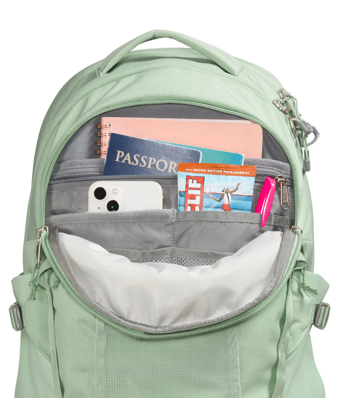 The North Face Women's Recon Backpack Misty Sage Dark - main compartment with 45.7cm x 26.9cm laptop sleeve and large storage for books and binders