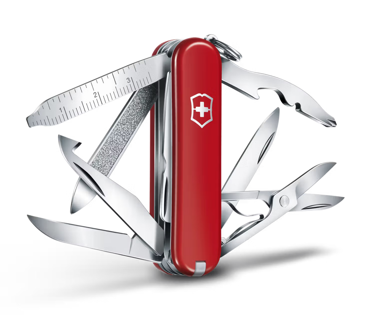 Red Swiss Army knife with multiple tools on a white background