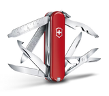 Red Swiss Army knife with multiple tools on a white background