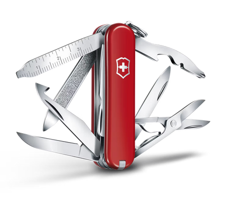 Red Swiss Army knife with multiple tools on a white background