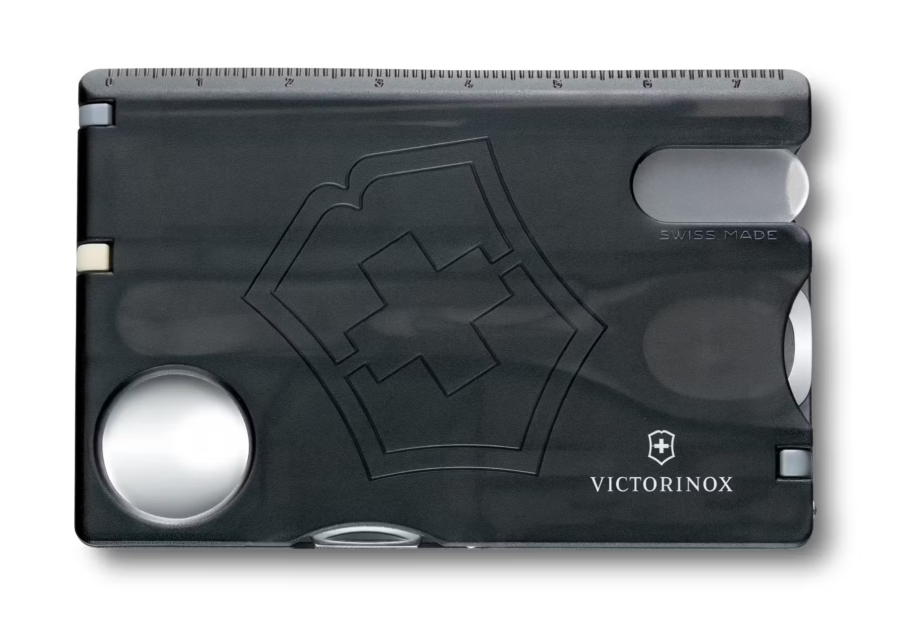 Black Victorinox wallet with silver accents on a white background