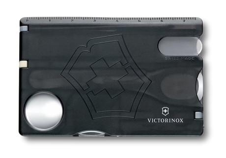 Black Victorinox wallet with silver accents on a white background