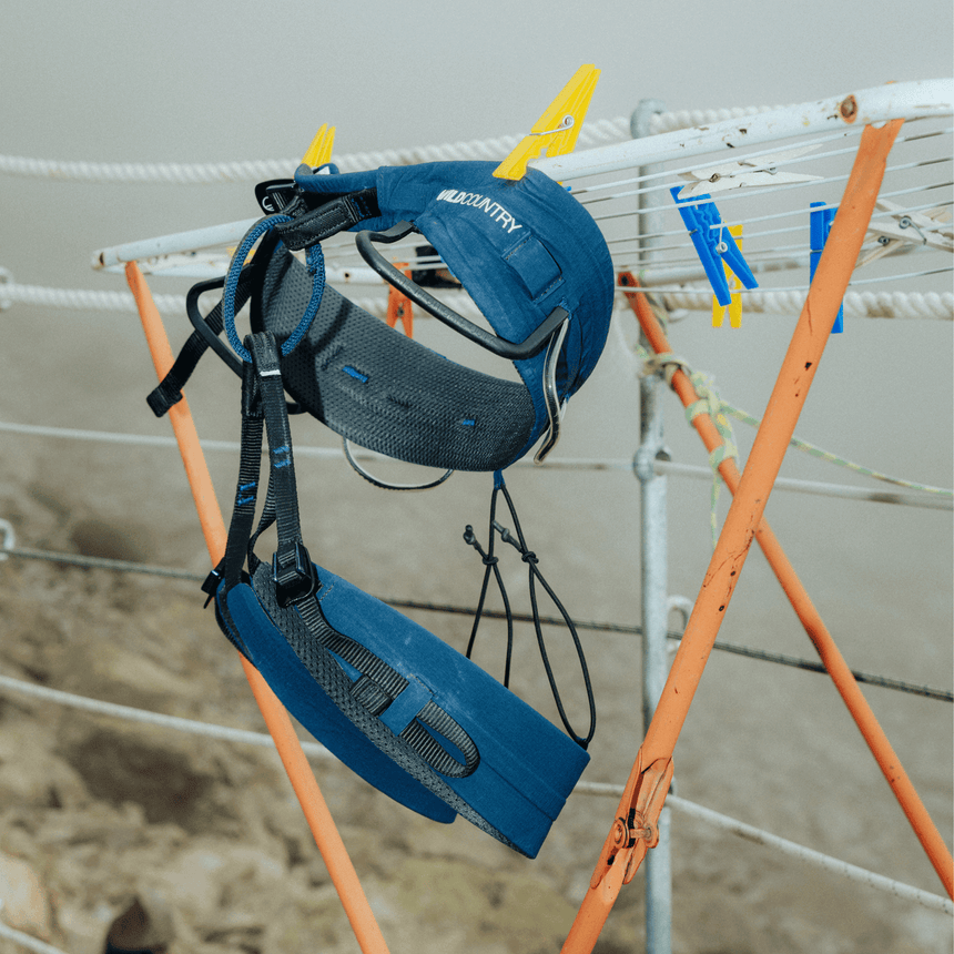 Wild Country Climbing Mosquito Pro Harness Navy - Harness Hanging on Line