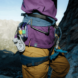 Wild Country Climbing Mosquito Pro Harness Navy - Harness with Carabiners and Rope Attached to Model
