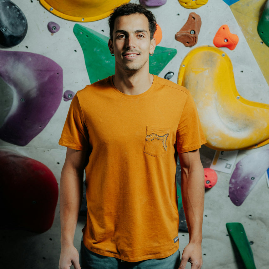 Wild Country Climbing Session Men's T-Shirt Joshua Brown - Model Front View With Climbing Wall Background