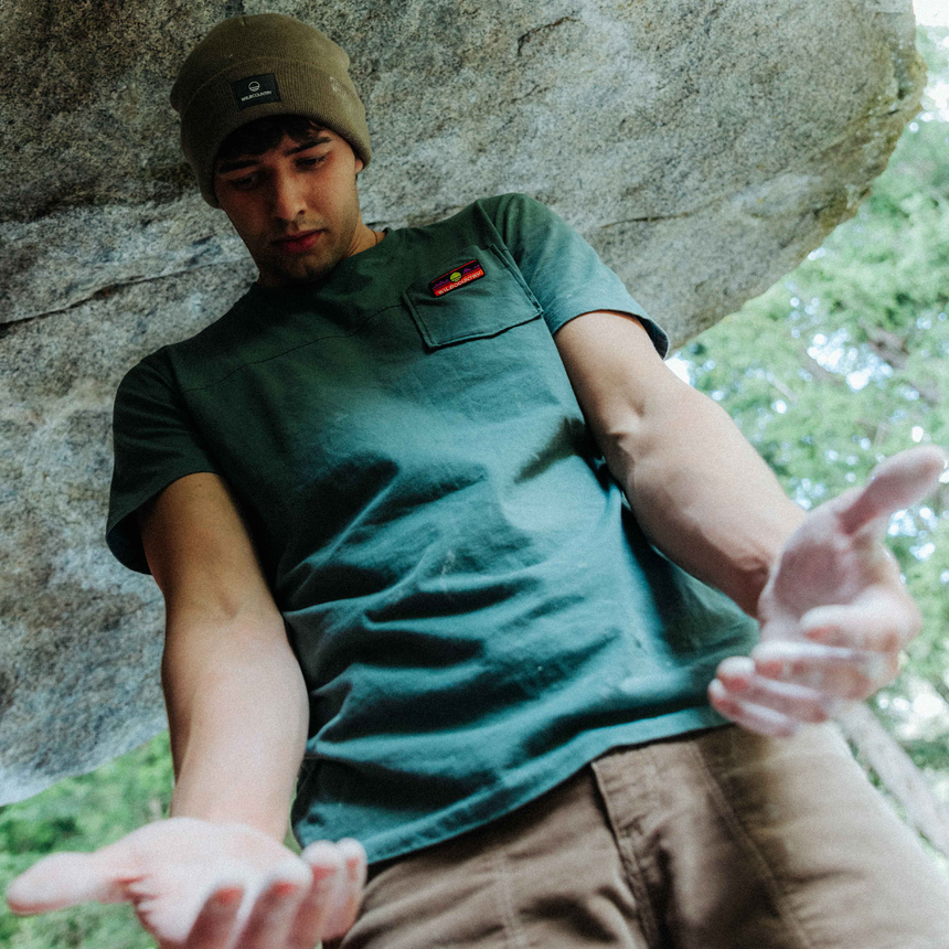 Wild Country Climbing Spotter T-Shirt Man Outdoor Action Marsh - Product In Use