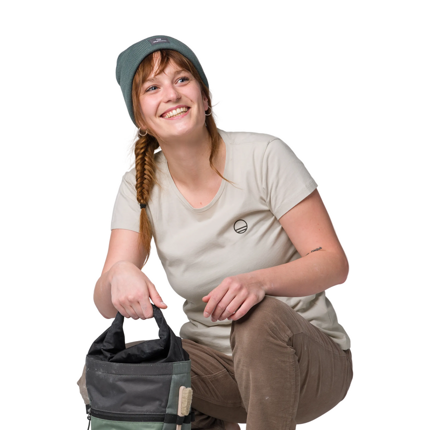 Wild Country Climbing Stamina Women's T-Shirt Moonstone - Model Front Bent Down Holding Backpack