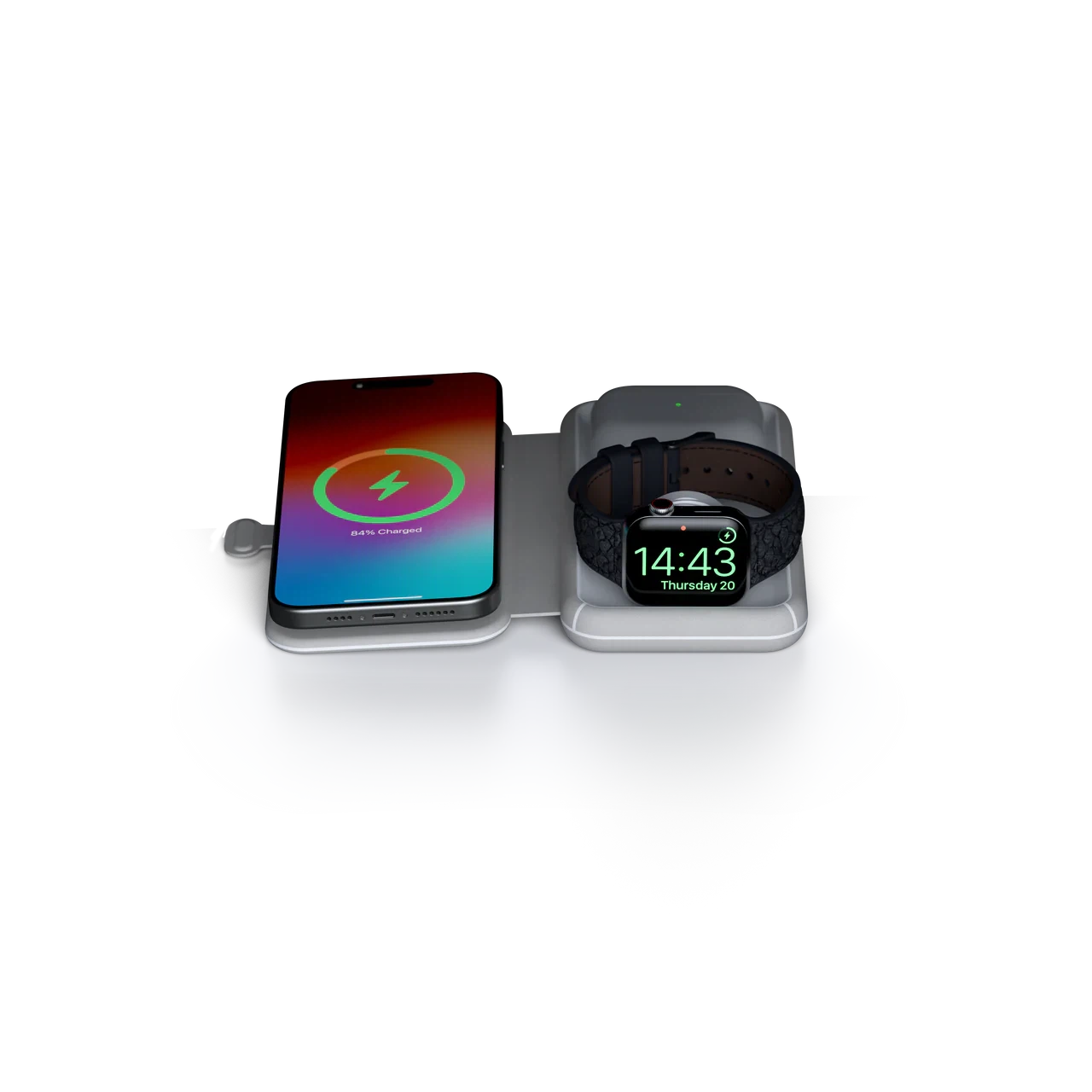 Xtorm Foldable Wireless Travel Charger 3-in-1 - Phone, Watch & Earphones Connected Front View