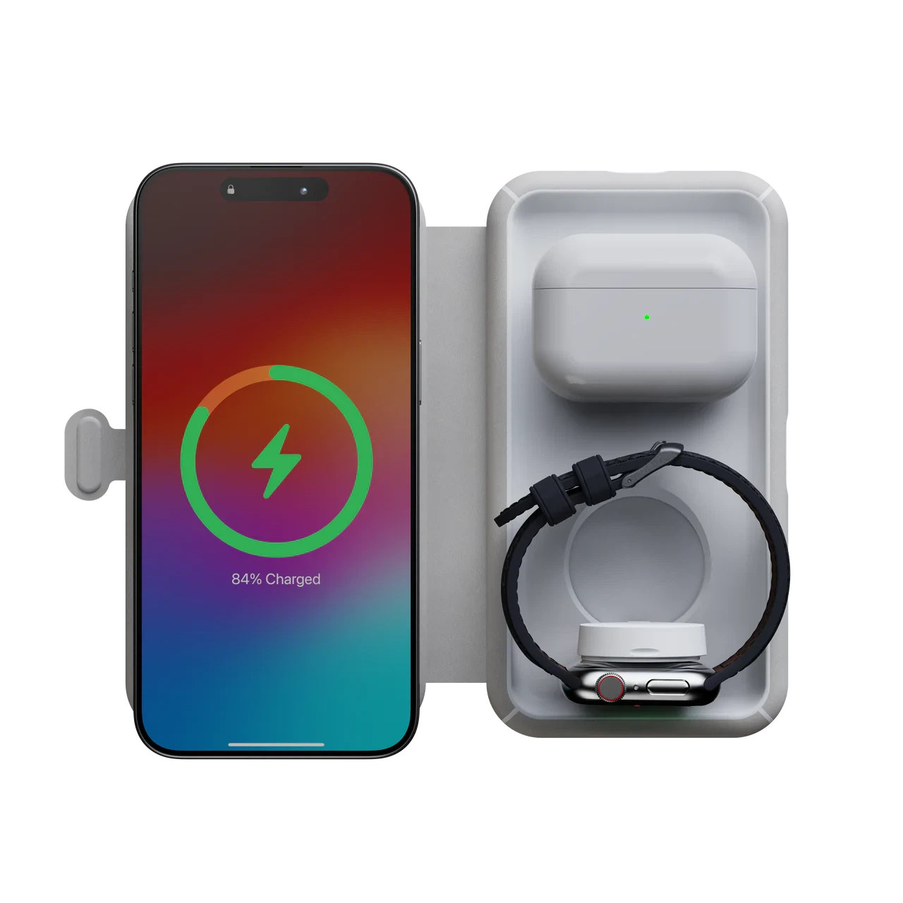 Xtorm Foldable Wireless Travel Charger 3-in-1 - Phone, Watch & Earphones Connected Top View