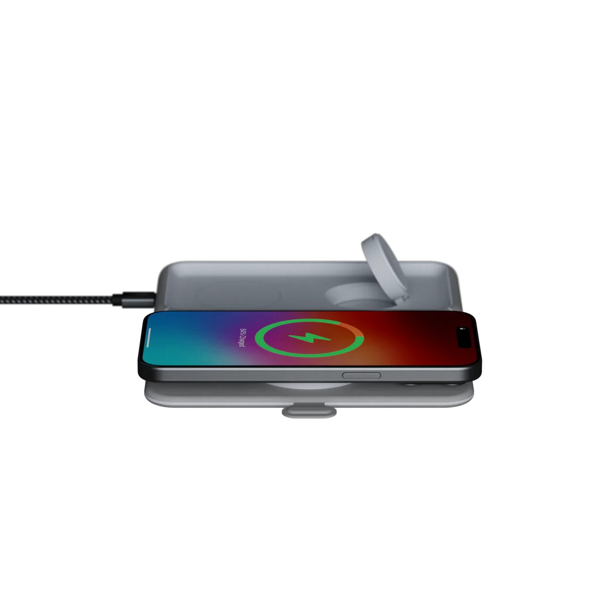 Xtorm Foldable Wireless Travel Charger 3-in-1 - Unfolded with Phone Connected