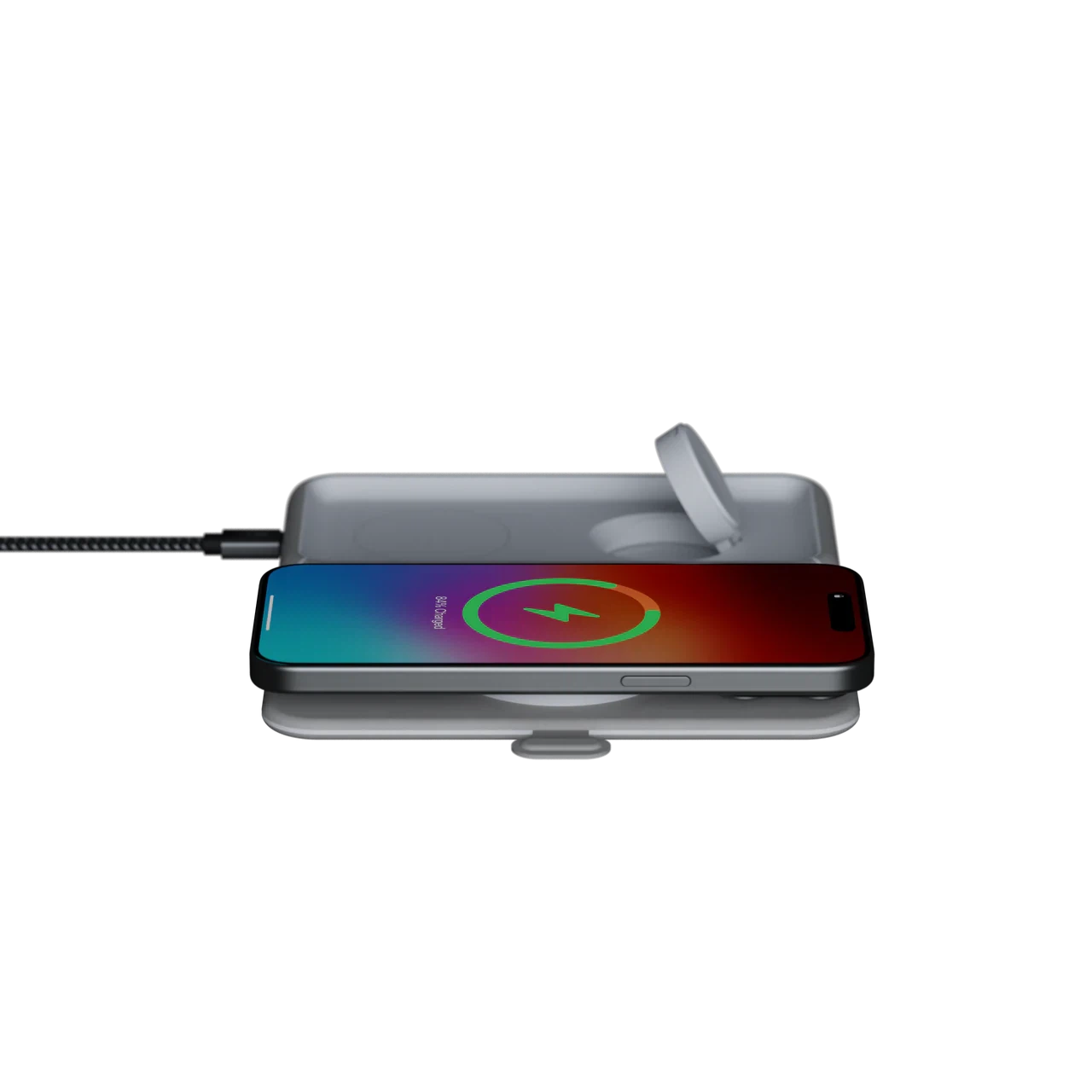 Xtorm Foldable Wireless Travel Charger 3-in-1 - Unfolded with Phone Connected
