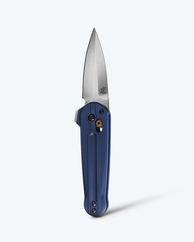 Lowden™ Crater Blue Aluminum Flipper Knife - Vertical Open Position | Benchmade Knife Co.