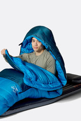 Rab Ascent Down Sleeping Bag (-6°C/21F) in Tempest Blue/Maya Blue - Model Zip Detail