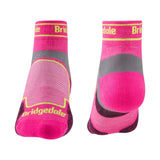 Front and back view of Bridgedale Women's Trail Run Ultra Light T2 Coolmax Sport Low Socks in Pink