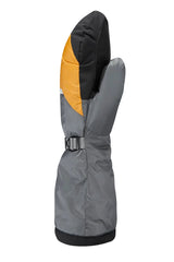 Grey winter glove with orange and black accents on a white background