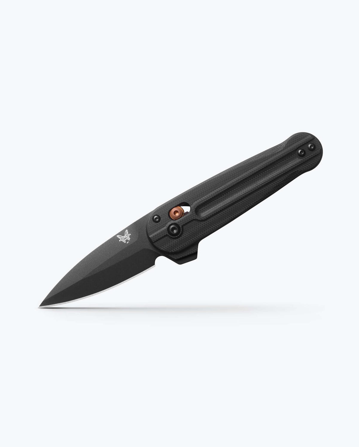 Benchmade Lowden black G10 spear-point knife, angled view