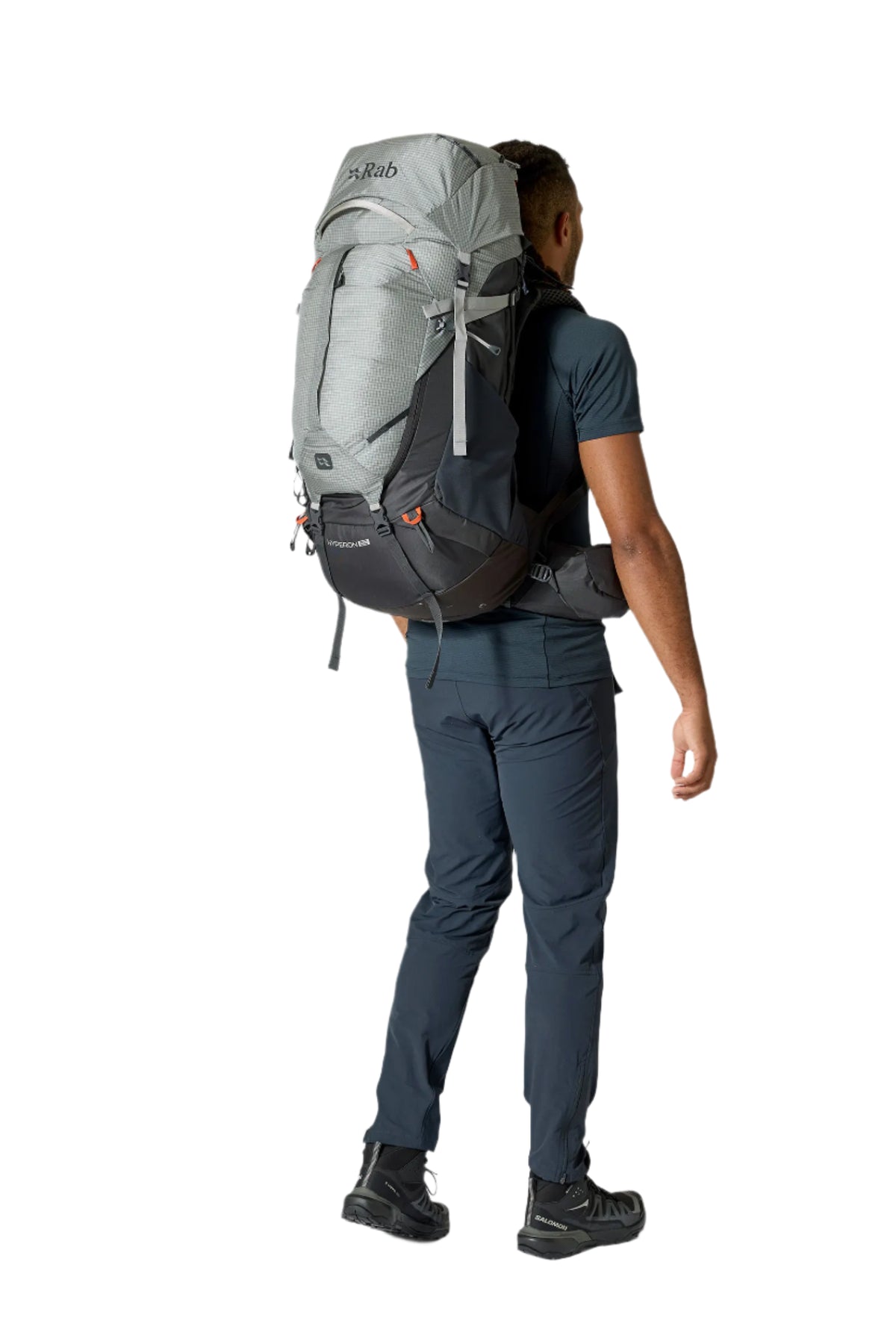 Rab Hyperon 65L Trekking Pack in Dark Pewter/Anthracite - side, worn