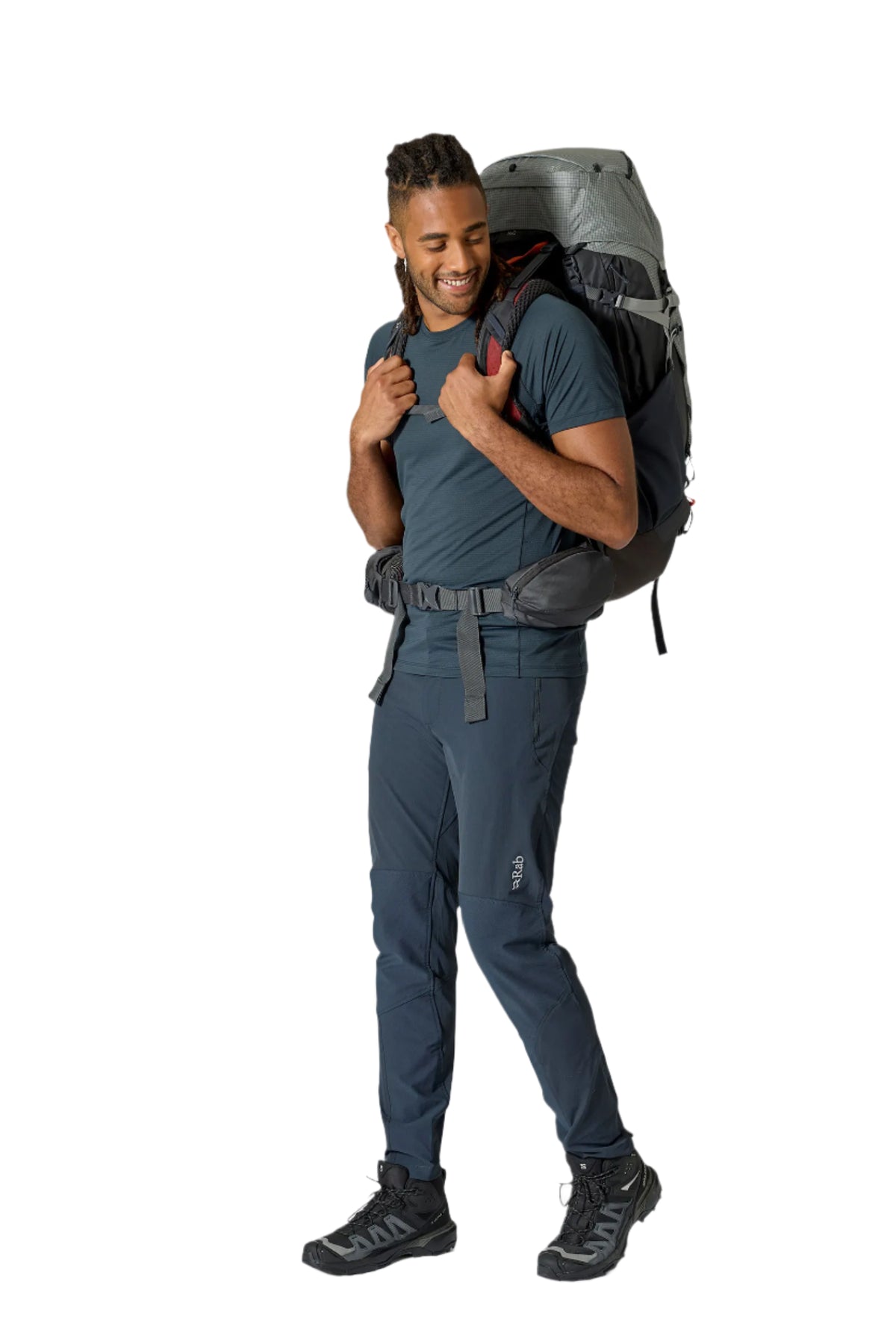 Rab Hyperon 65L Trekking Pack in Dark Pewter/Anthracite - front, worn