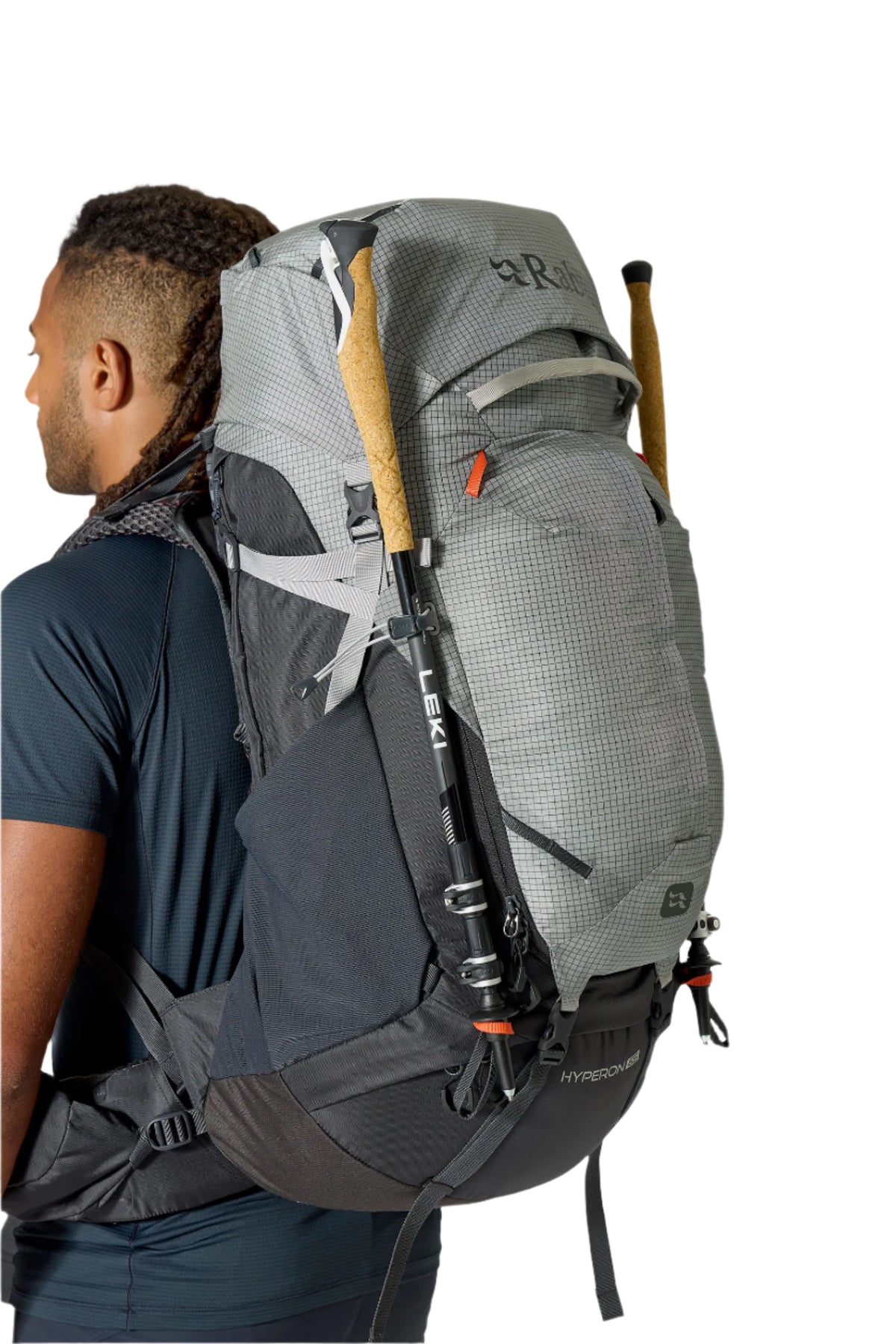 Rab Hyperon 65L Trekking Pack in Dark Pewter/Anthracite - side profile, worn
