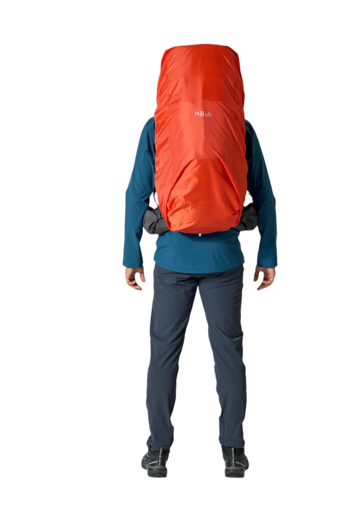 Rab Hyperon 65L Trekking Pack in Dark Pewter/Anthracite - rear with rain cover, worn