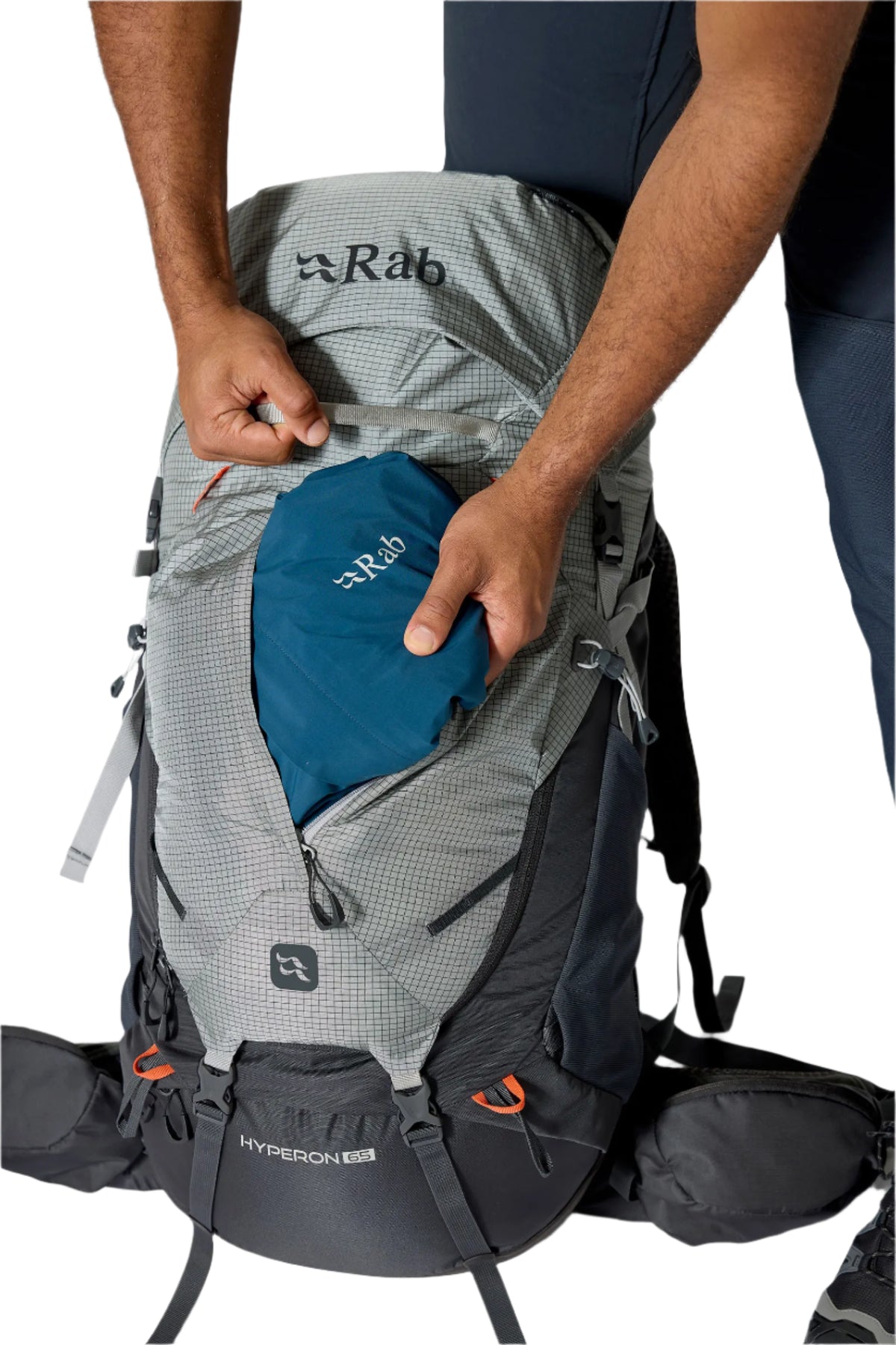 Rab Hyperon 65L Trekking Pack in Dark Pewter/Anthracite - front pocket access, worn