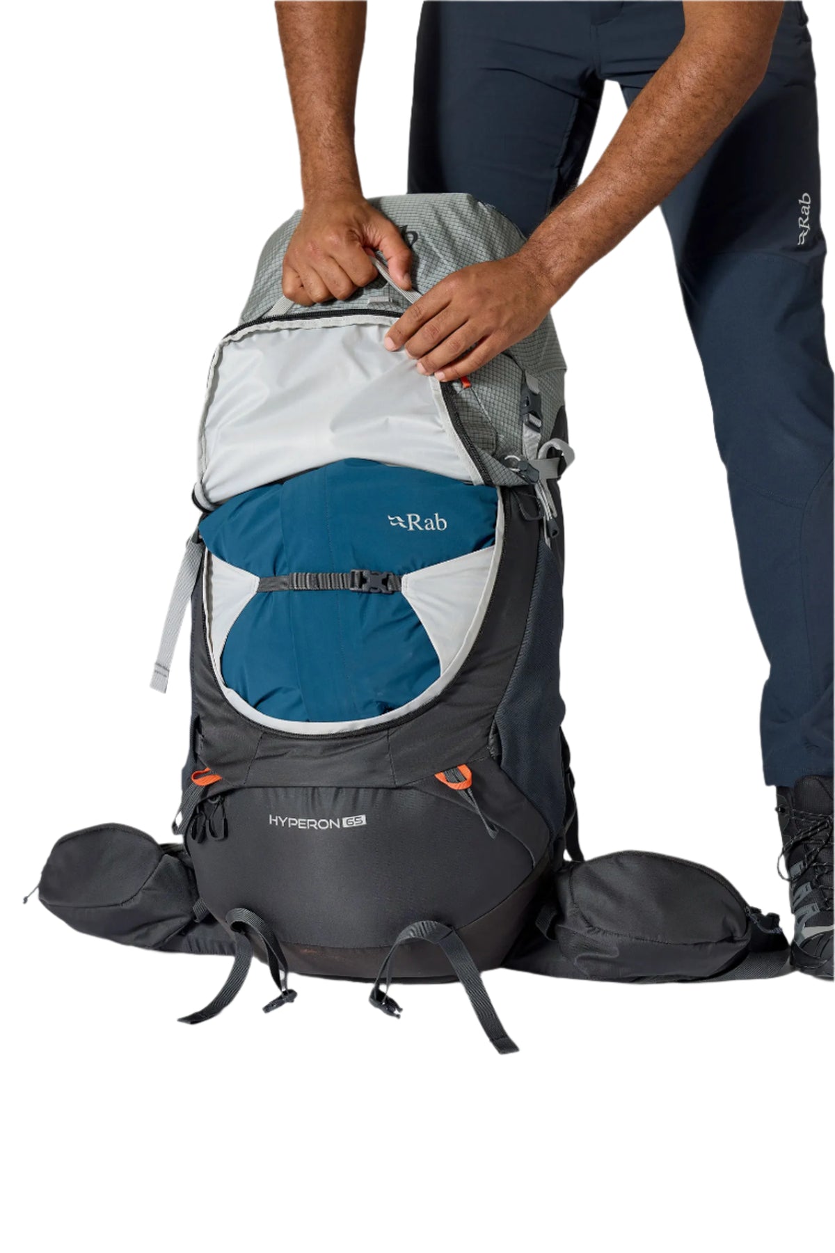 Rab Hyperon 65L Trekking Pack in Dark Pewter/Anthracite - top lid open, worn