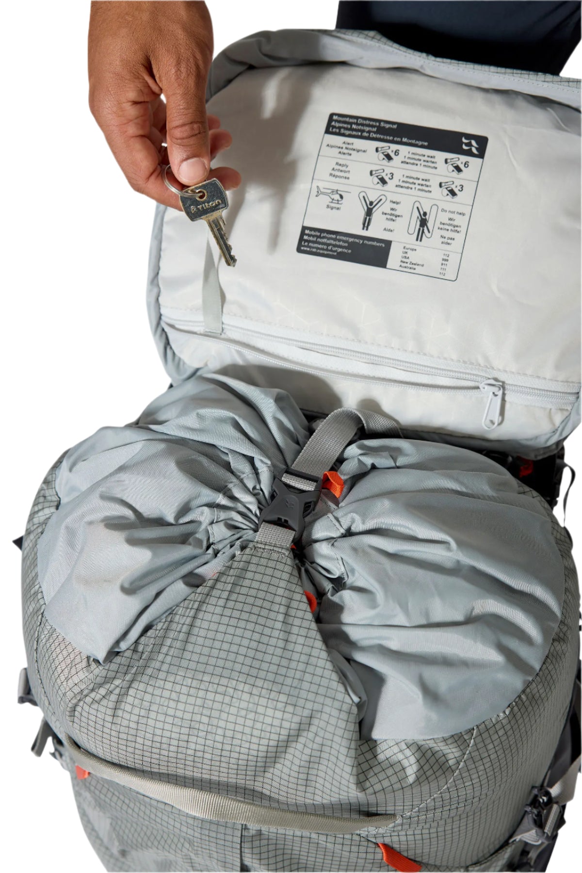 Rab Hyperon 65L Trekking Pack in Dark Pewter/Anthracite - roll-top collar, worn