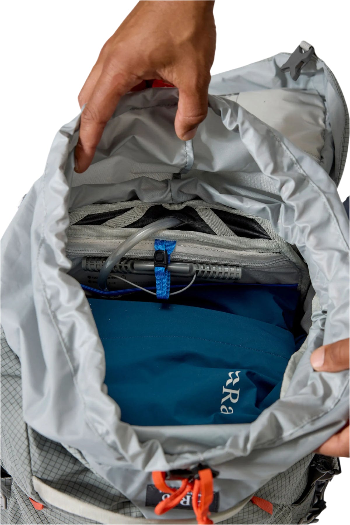 Rab Hyperon 65L Trekking Pack in Dark Pewter/Anthracite - main compartment, worn