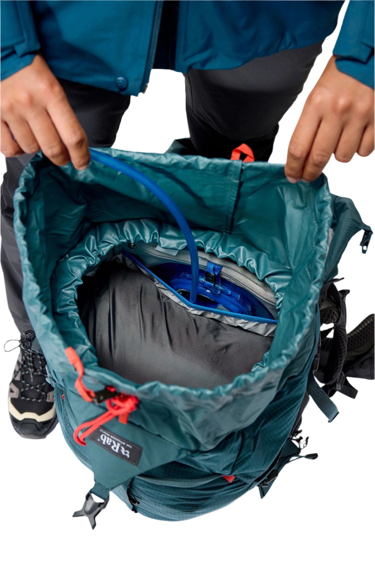 Rab Women's Hyperon ND65L Trekking Pack in Orion Blue/Anthracite - main compartment with hydration bladder