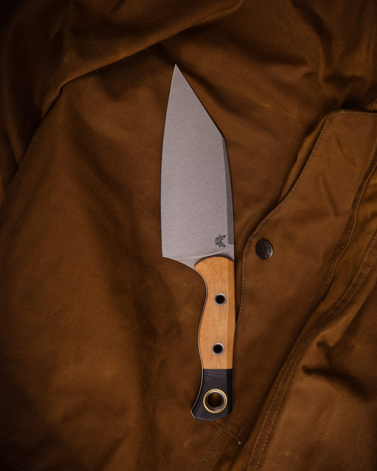 Benchmade Station Knife 4010-02 carried on a canvas jacket