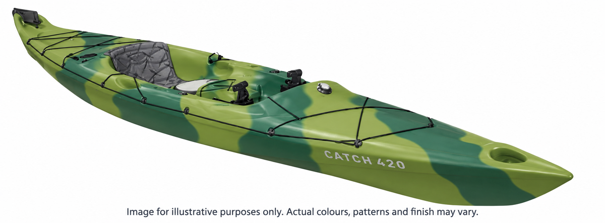 Mission CATCH 420 EXP (ruddered) kayak in Camo, full kayak colour illustration. Image for illustrative purposes only. Actual colours, patterns and finish may vary.