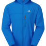Mountain Equipment Aerofoil Hooded Men's Jacket in Atlantic Blue - front view showing EXOLITE 45 softshell fabric and active fit