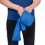 Adjustable hem drawcord detail on Mountain Equipment Aerofoil Hooded Men's Jacket in Atlantic Blue for use under a harness or rucksack waistbelt