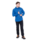 Mountain Equipment Aerofoil Hooded Men's Jacket in Atlantic Blue - hood up showing elastane-bound hood with rear adjustment