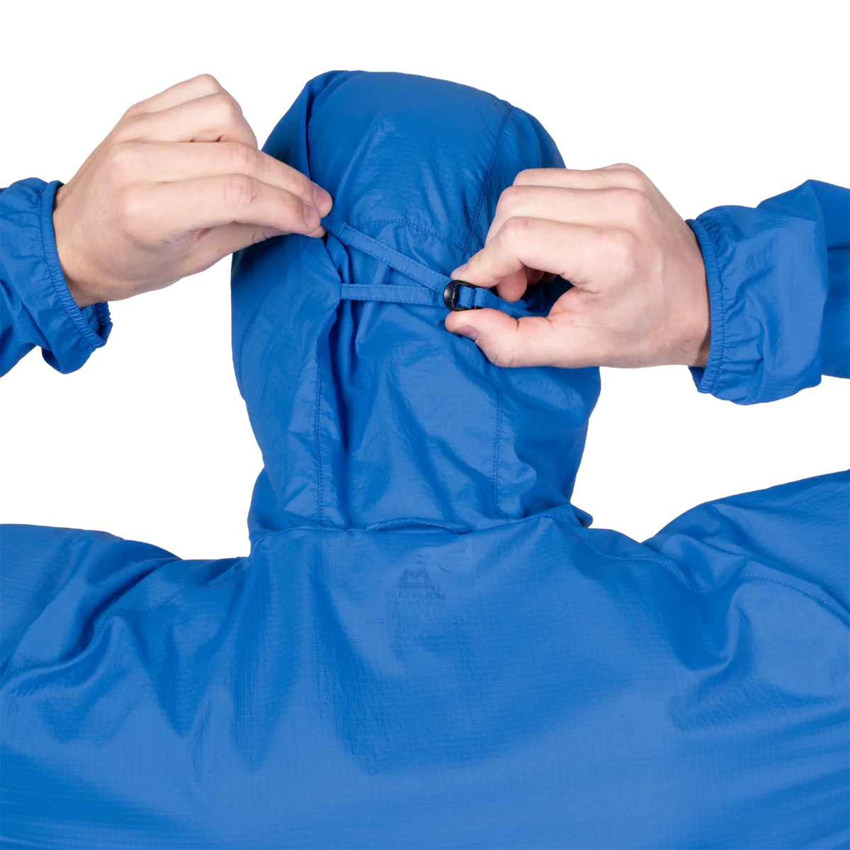 Mountain Equipment Aerofoil Hooded Men's Jacket in Atlantic Blue - packed into chest pocket showing twin karabiner carry loops