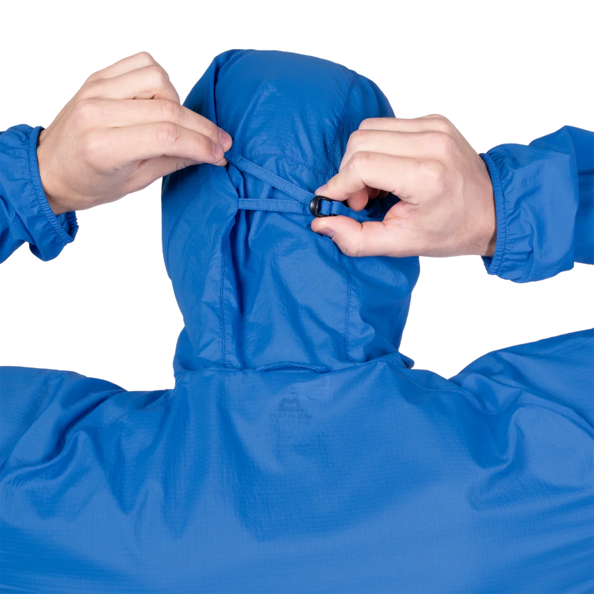 Mountain Equipment Aerofoil Hooded Men's Jacket in Atlantic Blue - packed into chest pocket showing twin karabiner carry loops