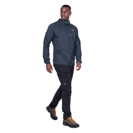 Mountain Equipment Aerofoil Hooded Men's Jacket in Blue Nights - back view showing articulated pre-shaped sleeves