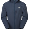 Mountain Equipment Aerofoil Hooded Men's Jacket in Blue Nights - front view showing EXOLITE 45 softshell fabric and active fit