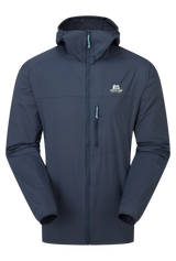 Mountain Equipment Aerofoil Hooded Men's Jacket in Blue Nights - front view showing EXOLITE 45 softshell fabric and active fit