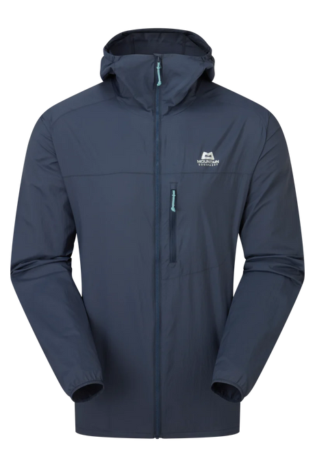Mountain Equipment Aerofoil Hooded Men's Jacket in Blue Nights - front view showing EXOLITE 45 softshell fabric and active fit