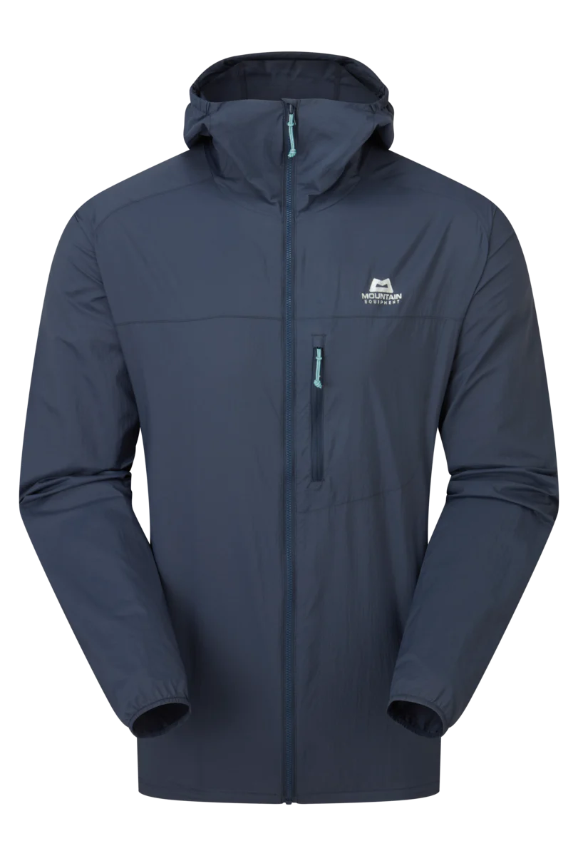 Mountain Equipment Aerofoil Hooded Men's Jacket in Blue Nights - front view showing EXOLITE 45 softshell fabric and active fit