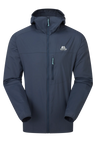 Mountain Equipment Aerofoil Hooded Men's Jacket in Blue Nights - front view showing EXOLITE 45 softshell fabric and active fit