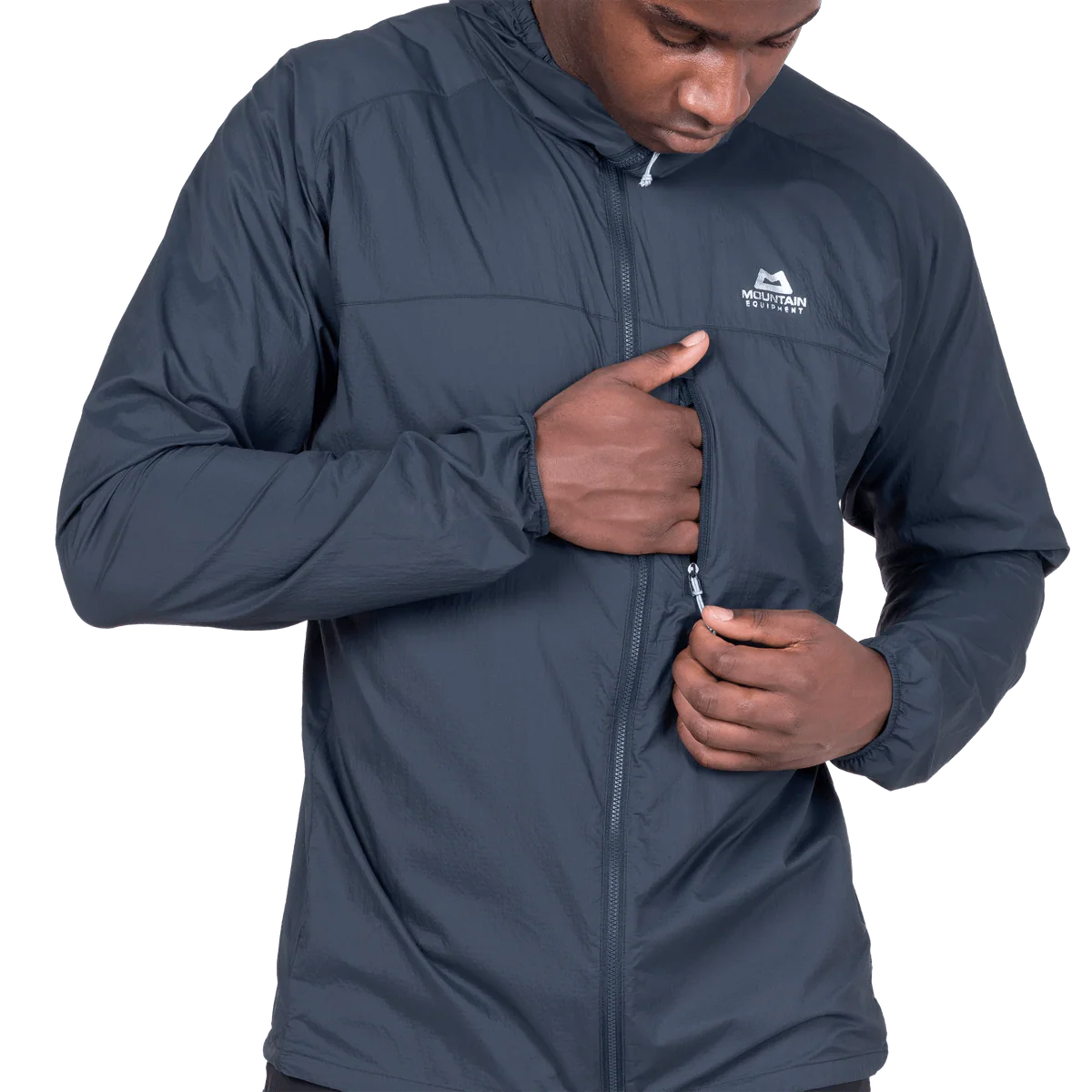 Mountain Equipment Aerofoil Hooded Men's Jacket in Blue Nights - hood up showing elastane-bound hood with rear adjustment