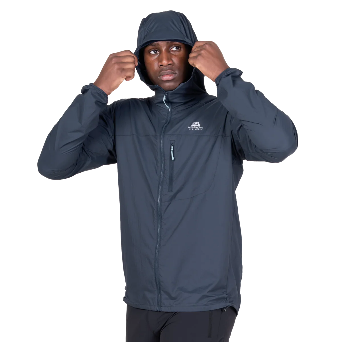 Mountain Equipment Aerofoil Hooded Men's Jacket in Blue Nights - hood rolled away showing clean neckline
